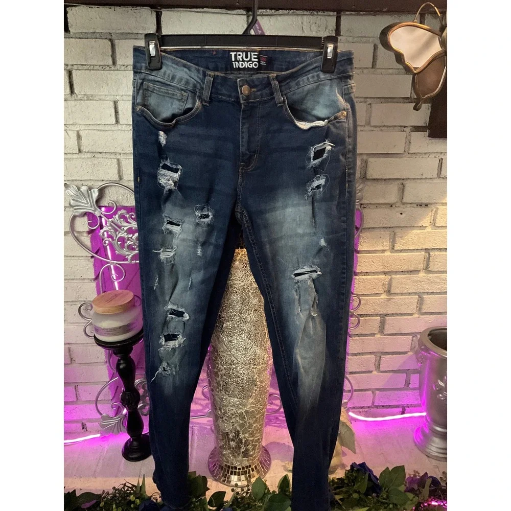 True Indigo Mens Distressed Skinny Jeans Dark Wash Ripped Denim 32x30